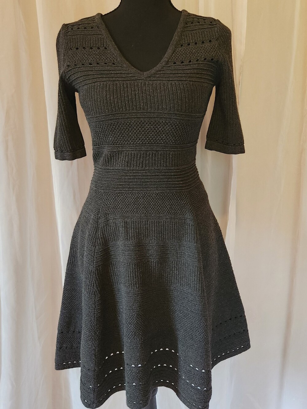 MILLY Charcoal Grey Knit Fit & Flare Dress V-Neck Pointelle Back Zip Size M